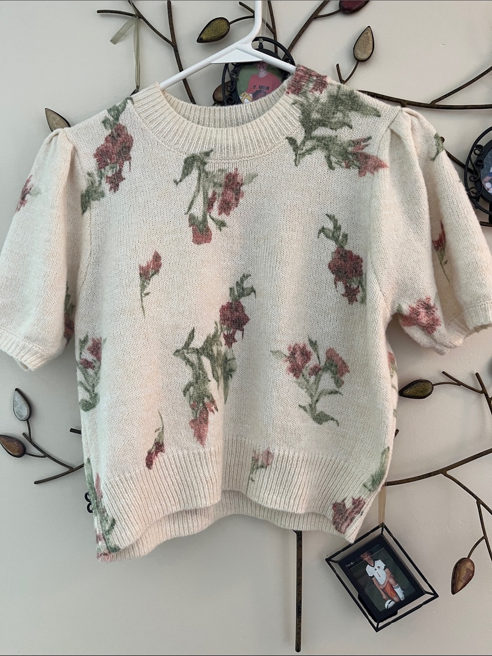Sincerely Jules Cream Knit Top with Pink & Green Floral Detail